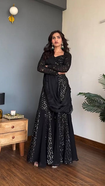 Georgette Sharara Set with Dupatta Thread Sequins Work Party Wear Ethnic Women
