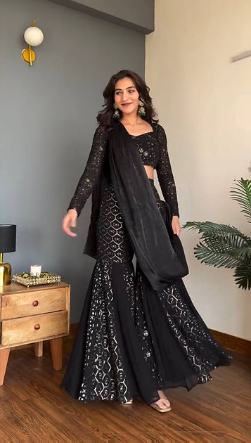 Georgette Sharara Set with Dupatta Thread Sequins Work Party Wear Ethnic Women