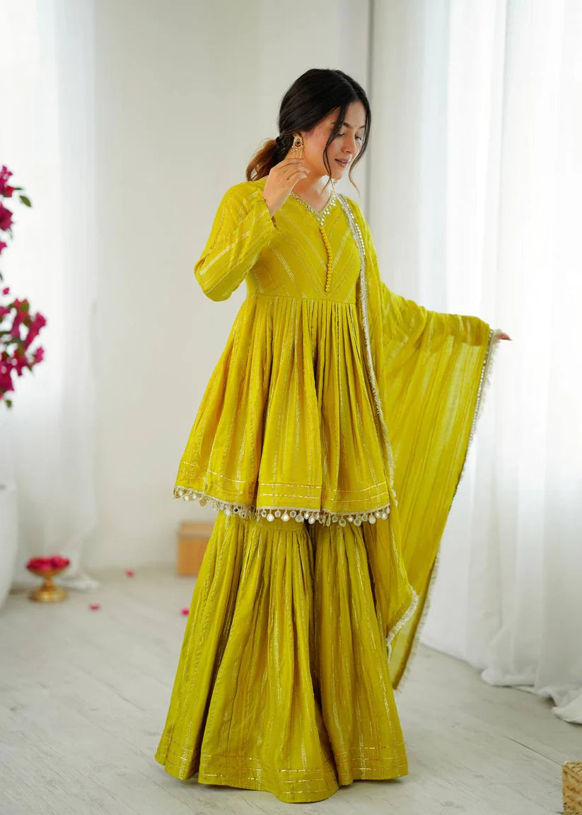 Dusty Rose Chanderi Silk Sharara Set with Real Mirror & Handwork Embroidery
