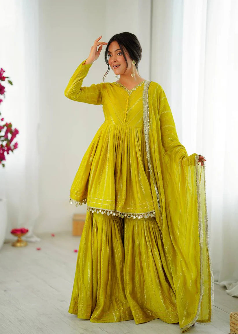 Dusty Rose Chanderi Silk Sharara Set with Real Mirror & Handwork Embroidery