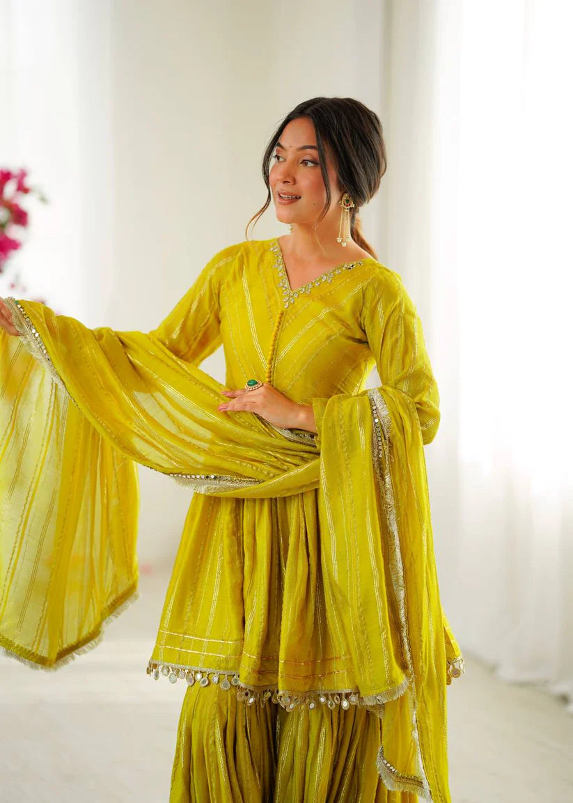 Dusty Rose Chanderi Silk Sharara Set with Real Mirror & Handwork Embroidery