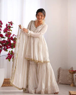 Dusty Rose Chanderi Silk Sharara Set with Real Mirror & Handwork Embroidery