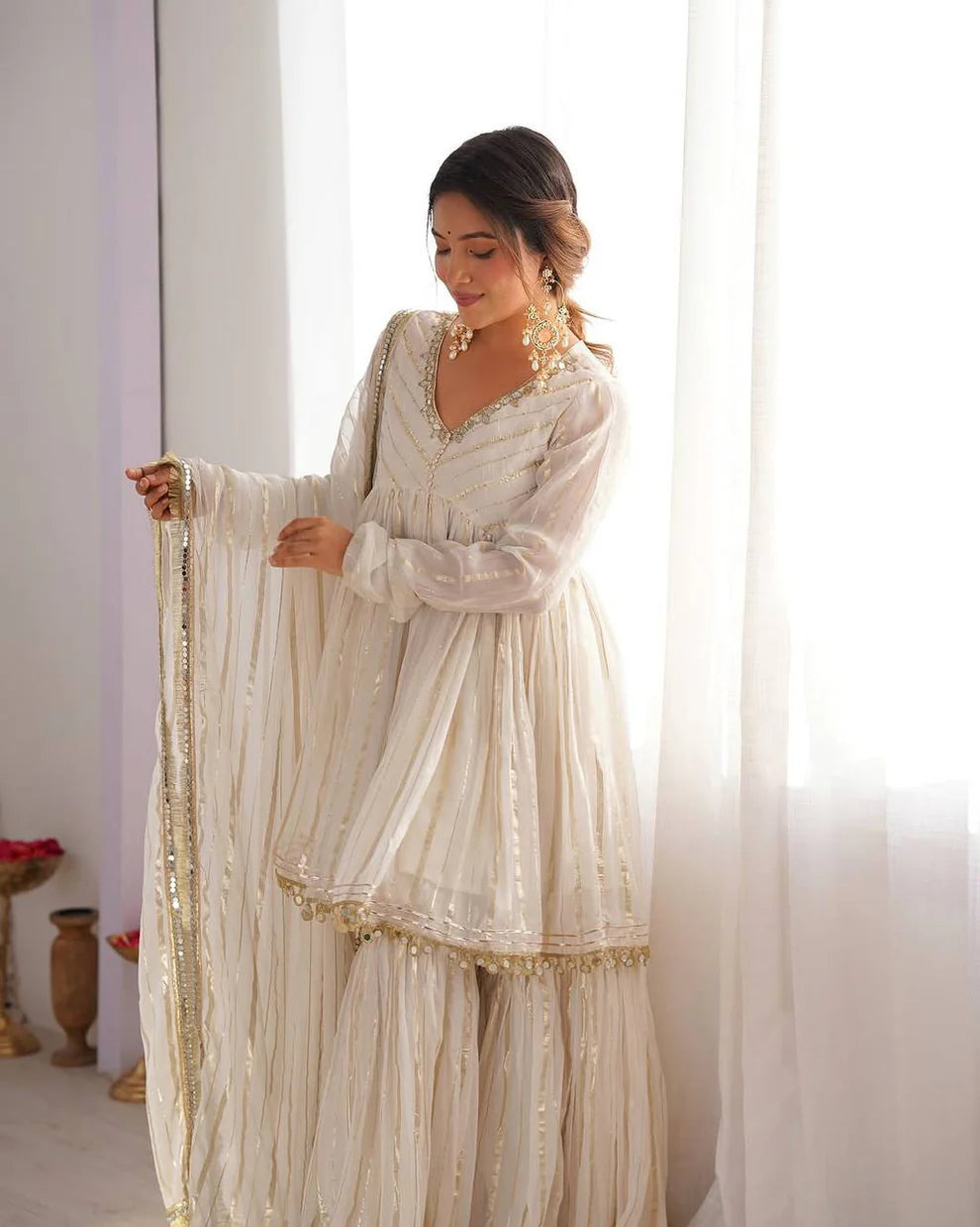 Dusty Rose Chanderi Silk Sharara Set with Real Mirror & Handwork Embroidery