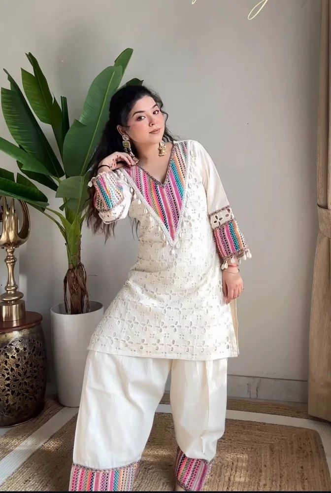 White Khadi Cotton Kurta Set With Schiffli & Thread Work Indian Ethnic Wear