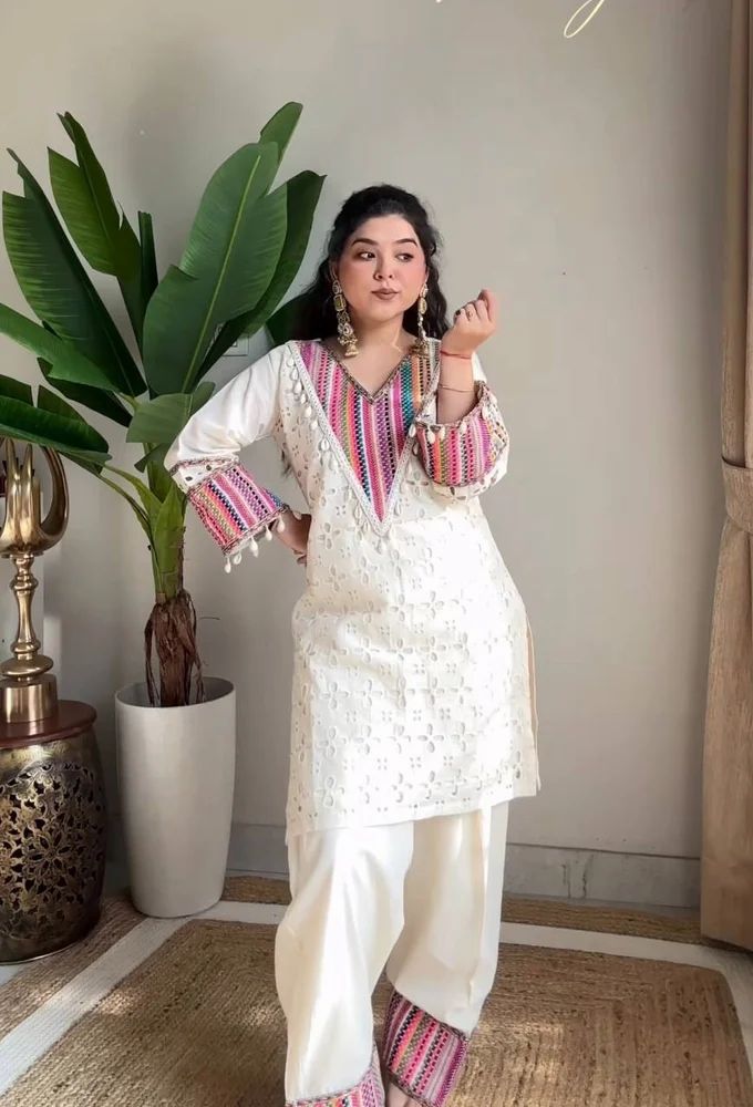 White Khadi Cotton Kurta Set With Schiffli & Thread Work Indian Ethnic Wear