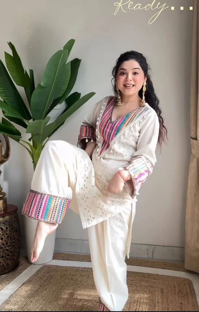 White Khadi Cotton Kurta Set With Schiffli & Thread Work Indian Ethnic Wear
