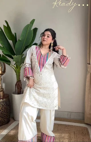 White Khadi Cotton Kurta Set With Schiffli & Thread Work Indian Ethnic Wear
