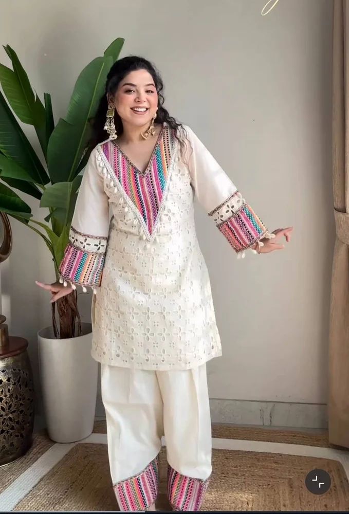 White Khadi Cotton Kurta Set With Schiffli & Thread Work Indian Ethnic Wear