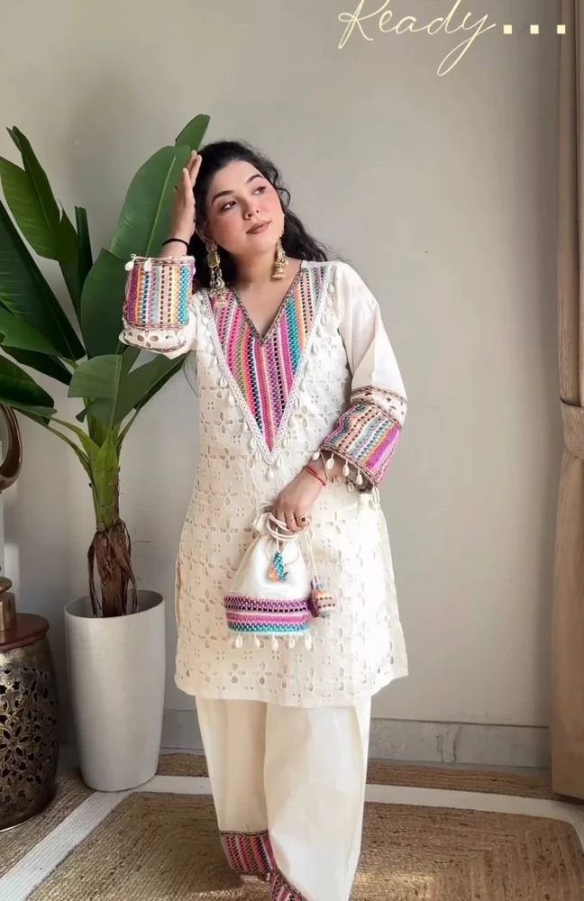 White Khadi Cotton Kurta Set With Schiffli & Thread Work Indian Ethnic Wear