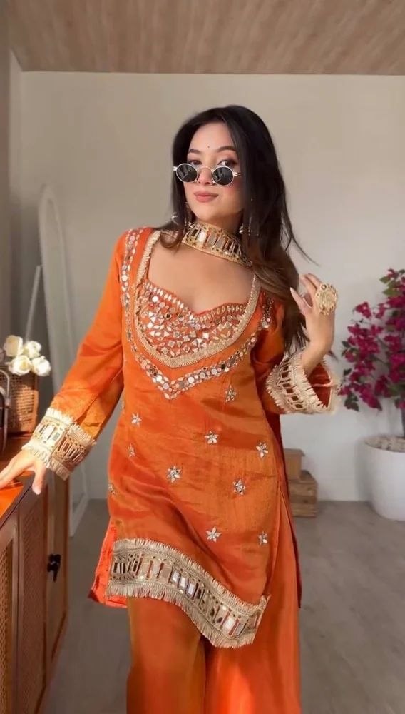 Fendy Silk Mirror Work Sharara Set  With Duppata for Women
