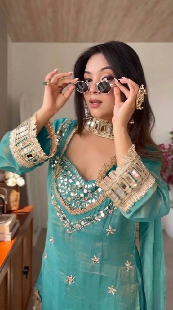Fendy Silk Mirror Work Sharara Set With Duppata for Women