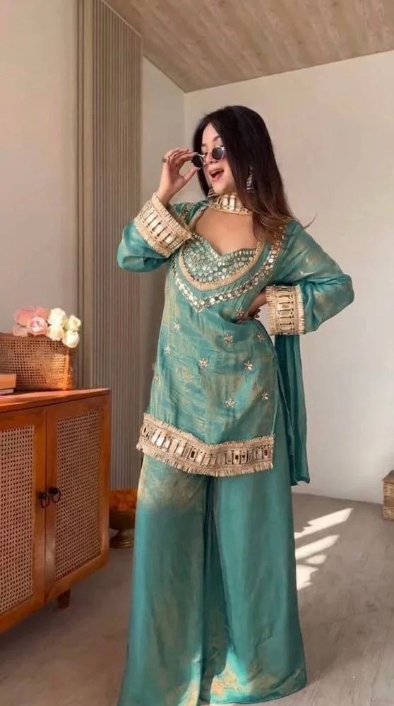 Fendy Silk Mirror Work Sharara Set With Duppata for Women