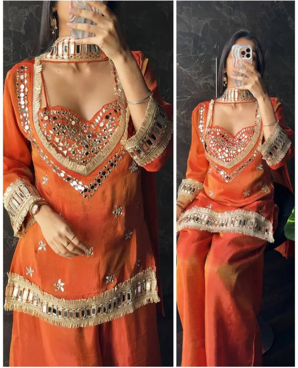 Fendy Silk Mirror Work Sharara Set  With Duppata for Women