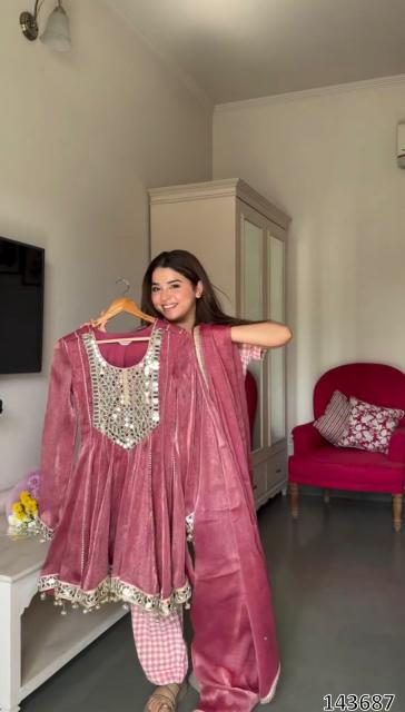 Pink Anarkali Style Kurta Set for Women with Ethnic Embellished Work