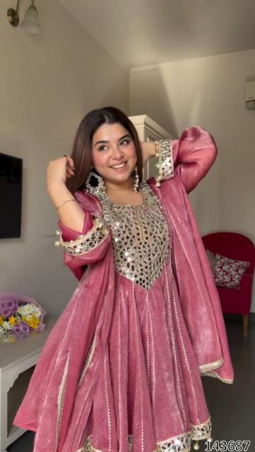 Pink Anarkali Style Kurta Set for Women with Ethnic Embellished Work