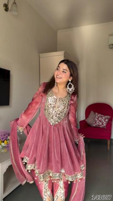 Pink Anarkali Style Kurta Set for Women with Ethnic Embellished Work
