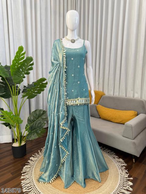 Women’s Mirror Embroidered Kurta Palazzo Set with Dupatta – Elegant Party Wear