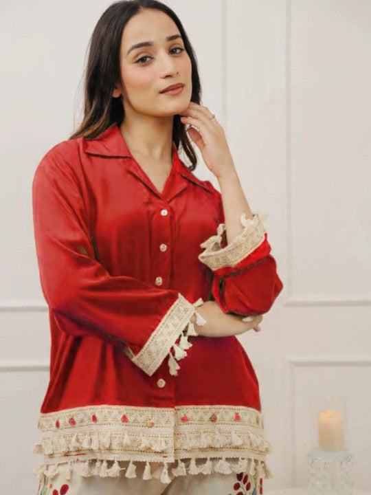 Rutaba Pure Rayon Red Co-ord Set with Digital Print Plazo