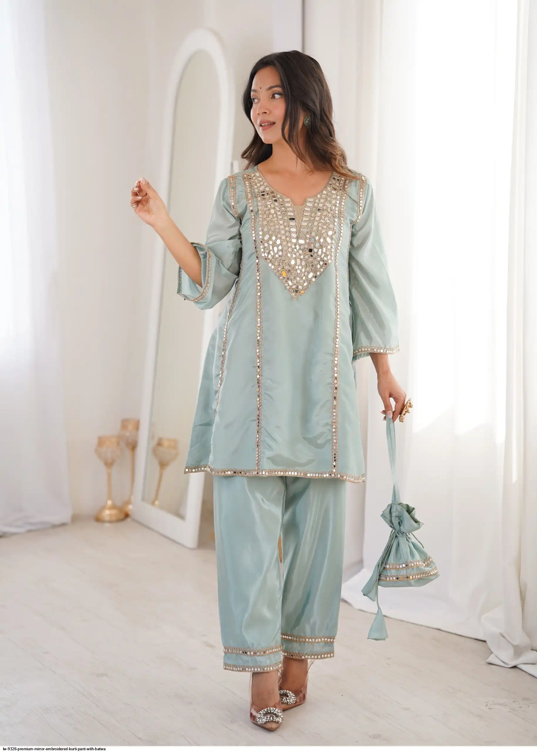 Radiant Sky Blue Silk Embroidered Mirror Work Kurta Straight Pant Set Festive Wear