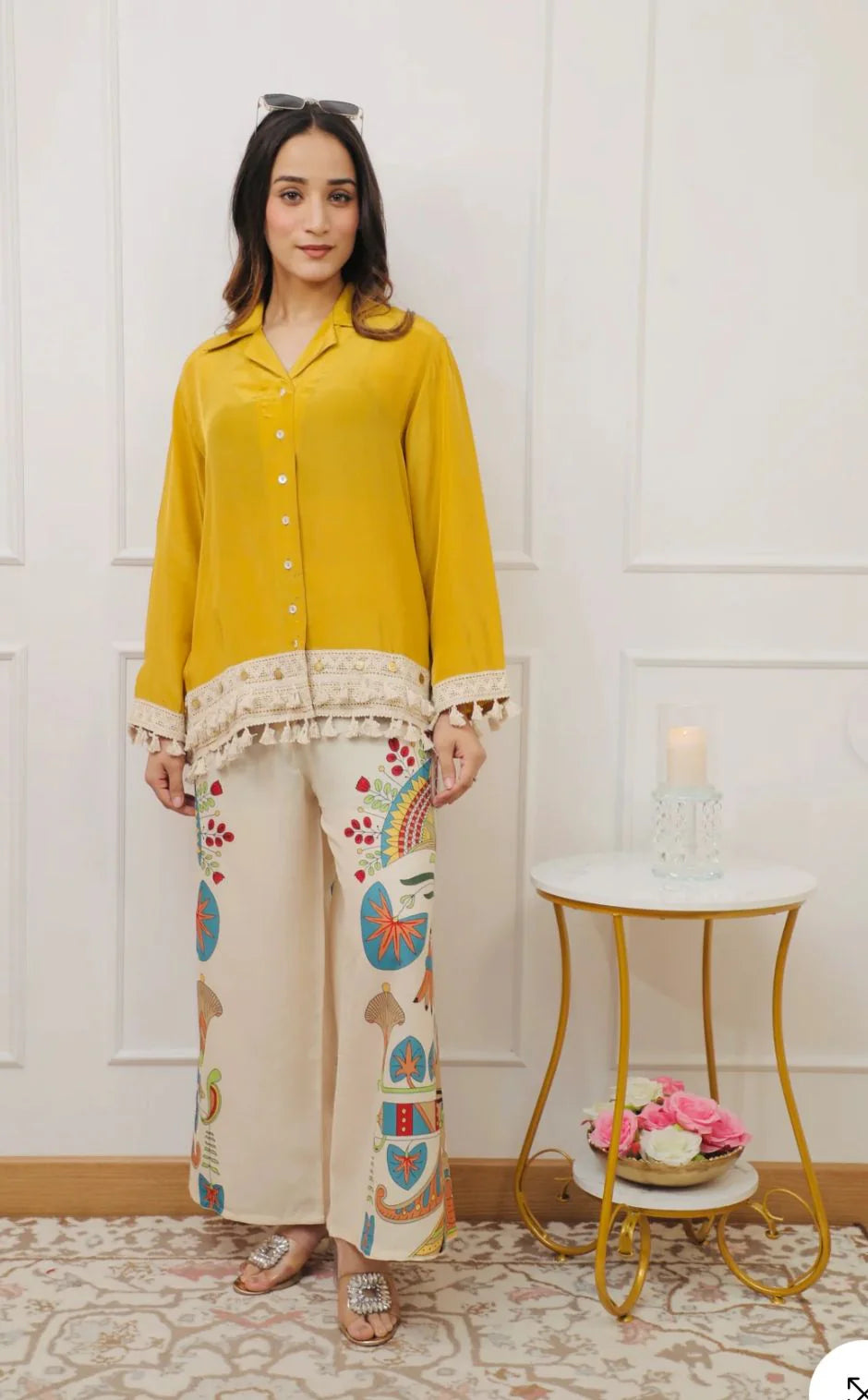 Rutaba Pure Rayon Yellow Co-ord Set with Digital Print Plazo