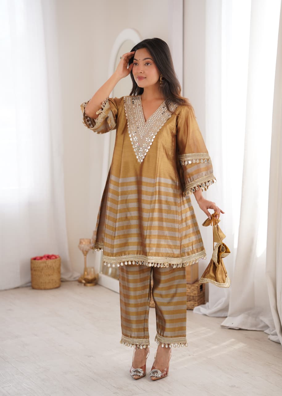 Two-tone Tissue Fabric with Coding Embroidered mirror work