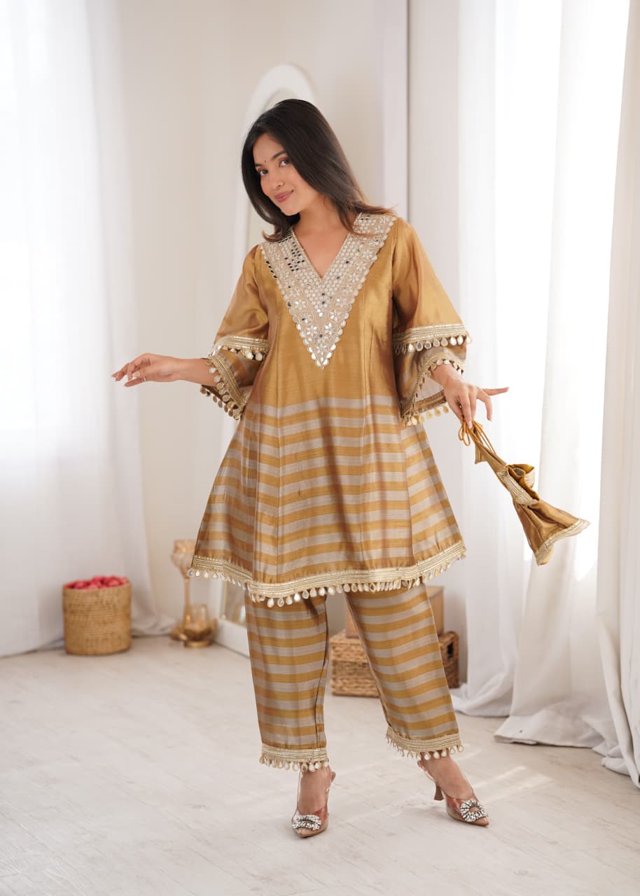 Two-tone Tissue Fabric with Coding Embroidered mirror work