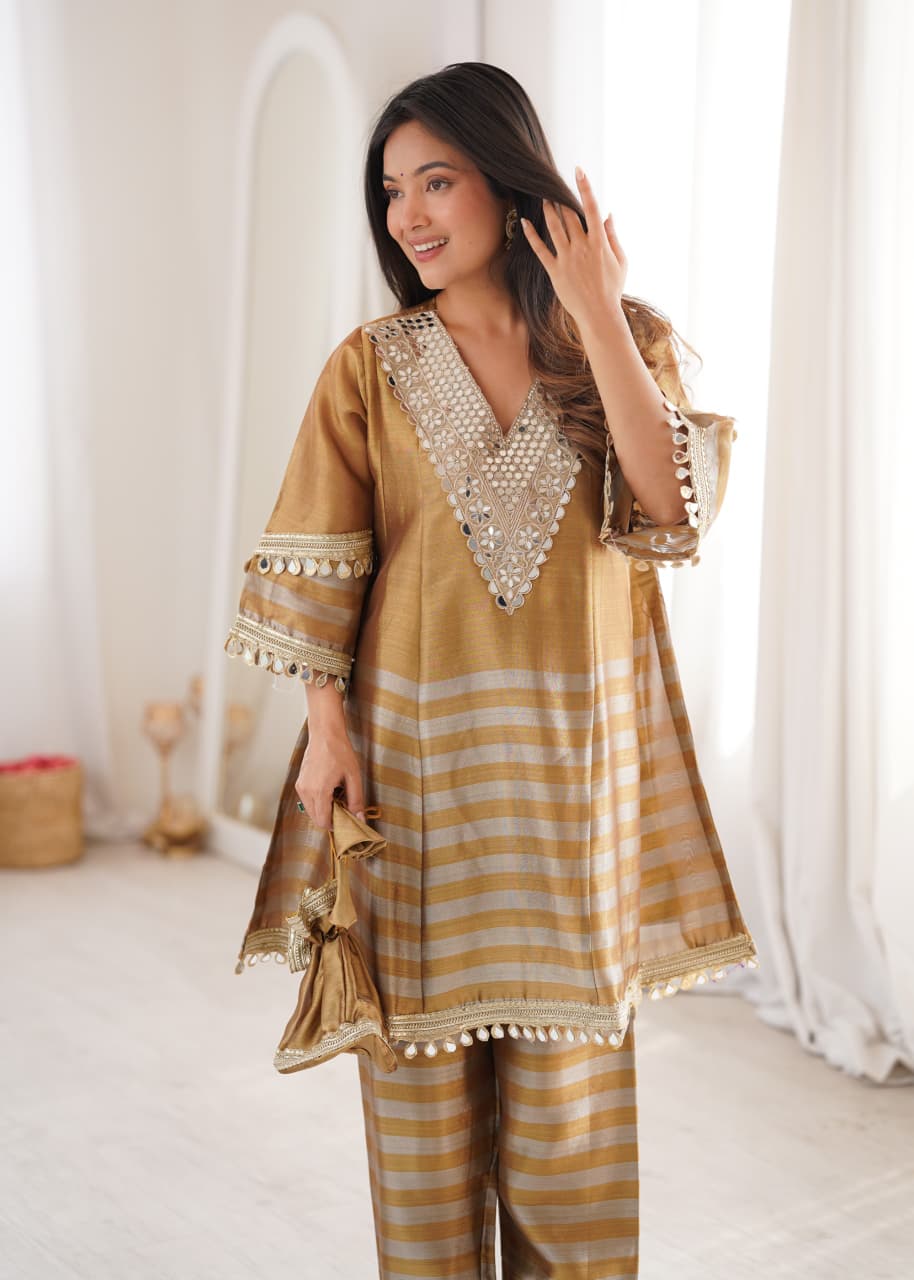 Two-tone Tissue Fabric with Coding Embroidered mirror work