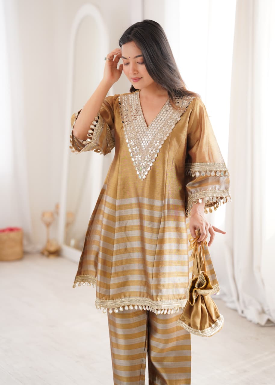 Two-tone Tissue Fabric with Coding Embroidered mirror work