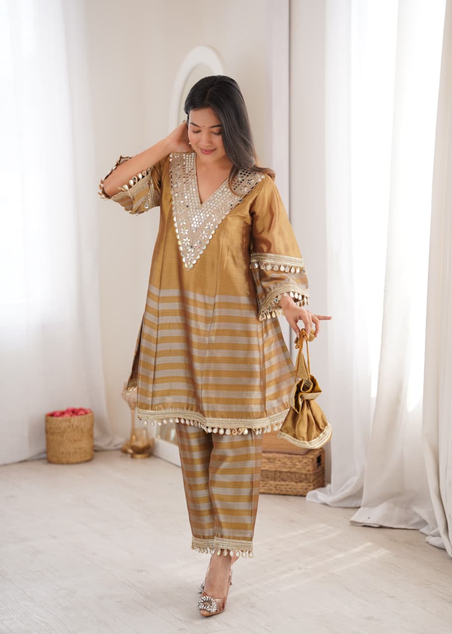 Two-tone Tissue Fabric with Coding Embroidered mirror work