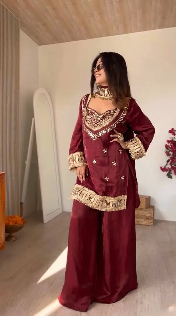 Fendy Silk Mirror Work Sharara Set With Duppata for Women