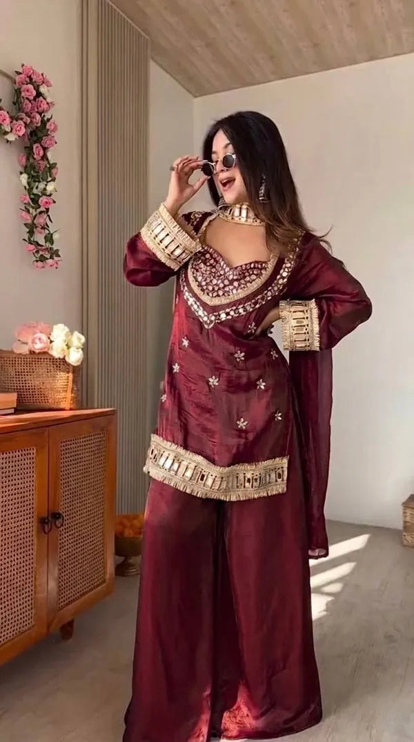 Fendy Silk Mirror Work Sharara Set With Duppata for Women