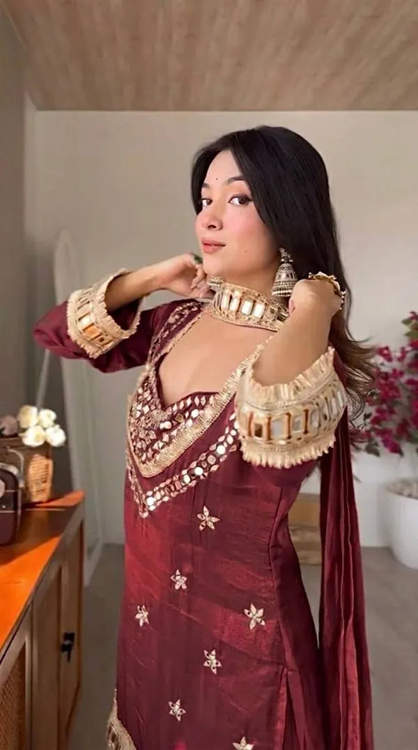 Fendy Silk Mirror Work Sharara Set With Duppata for Women