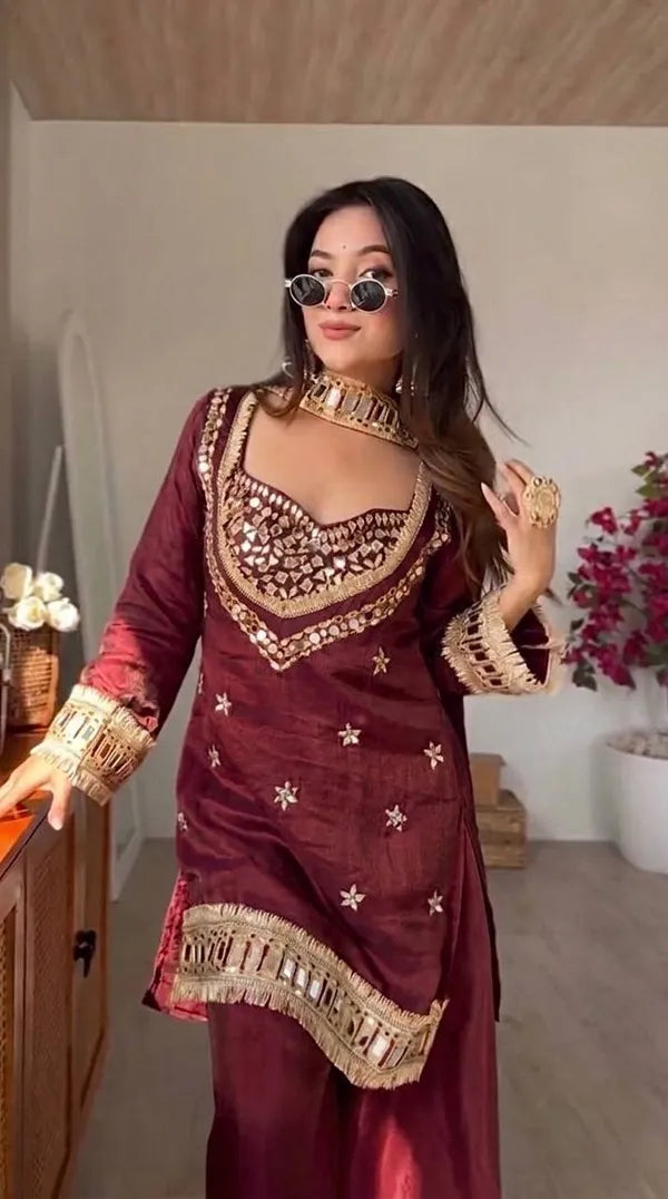 Fendy Silk Mirror Work Sharara Set With Duppata for Women
