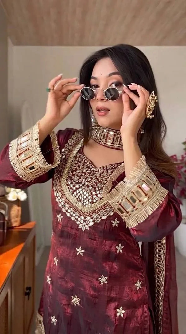 Fendy Silk Mirror Work Sharara Set With Duppata for Women