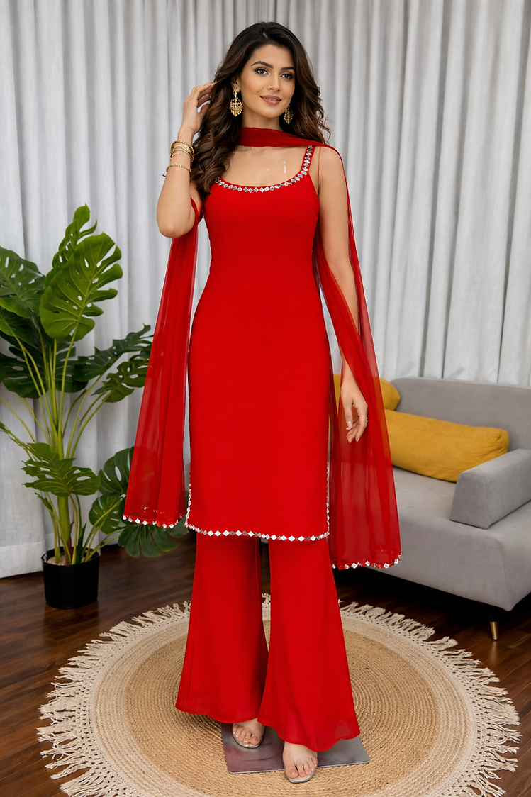 Red Color Faux Georgette With Real Mirror Work Bootcut Pent With Top And Dupatta