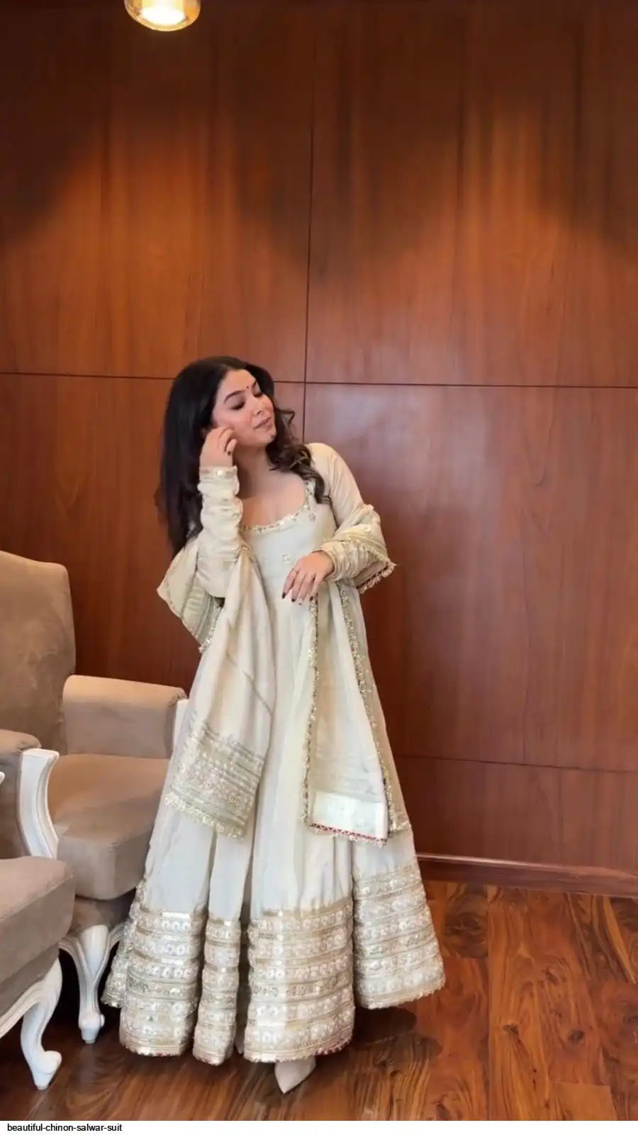 Neha's Premium Off-white Chinon Anarkali Suit Set