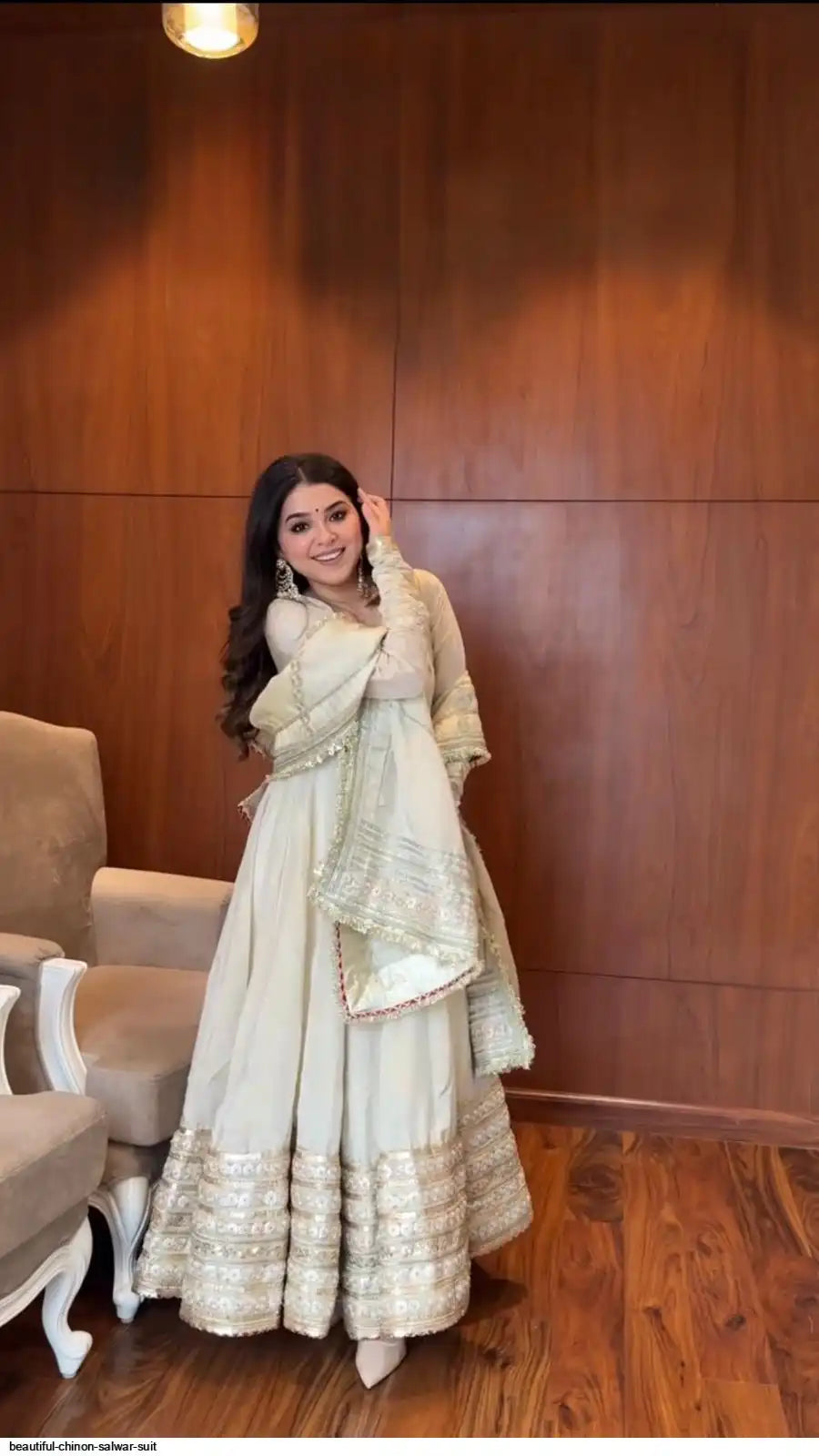 Neha's Premium Off-white Chinon Anarkali Suit Set