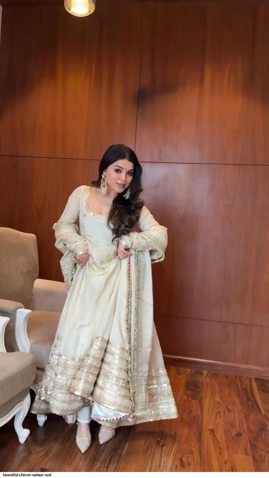 Neha's Premium Off-white Chinon Anarkali Suit Set