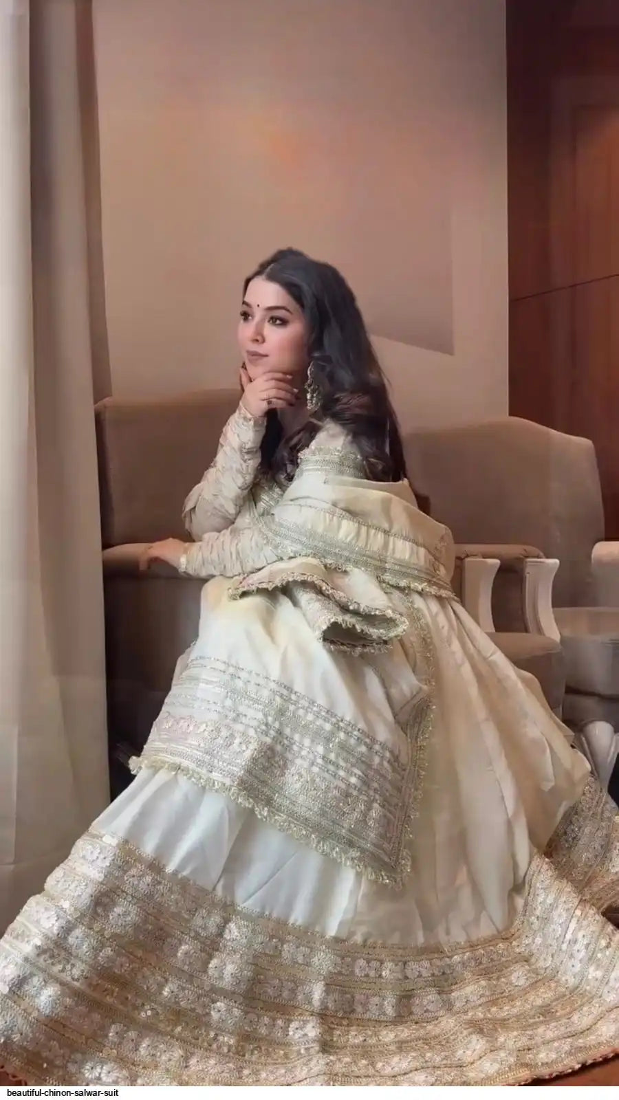 Neha's Premium Off-white Chinon Anarkali Suit Set