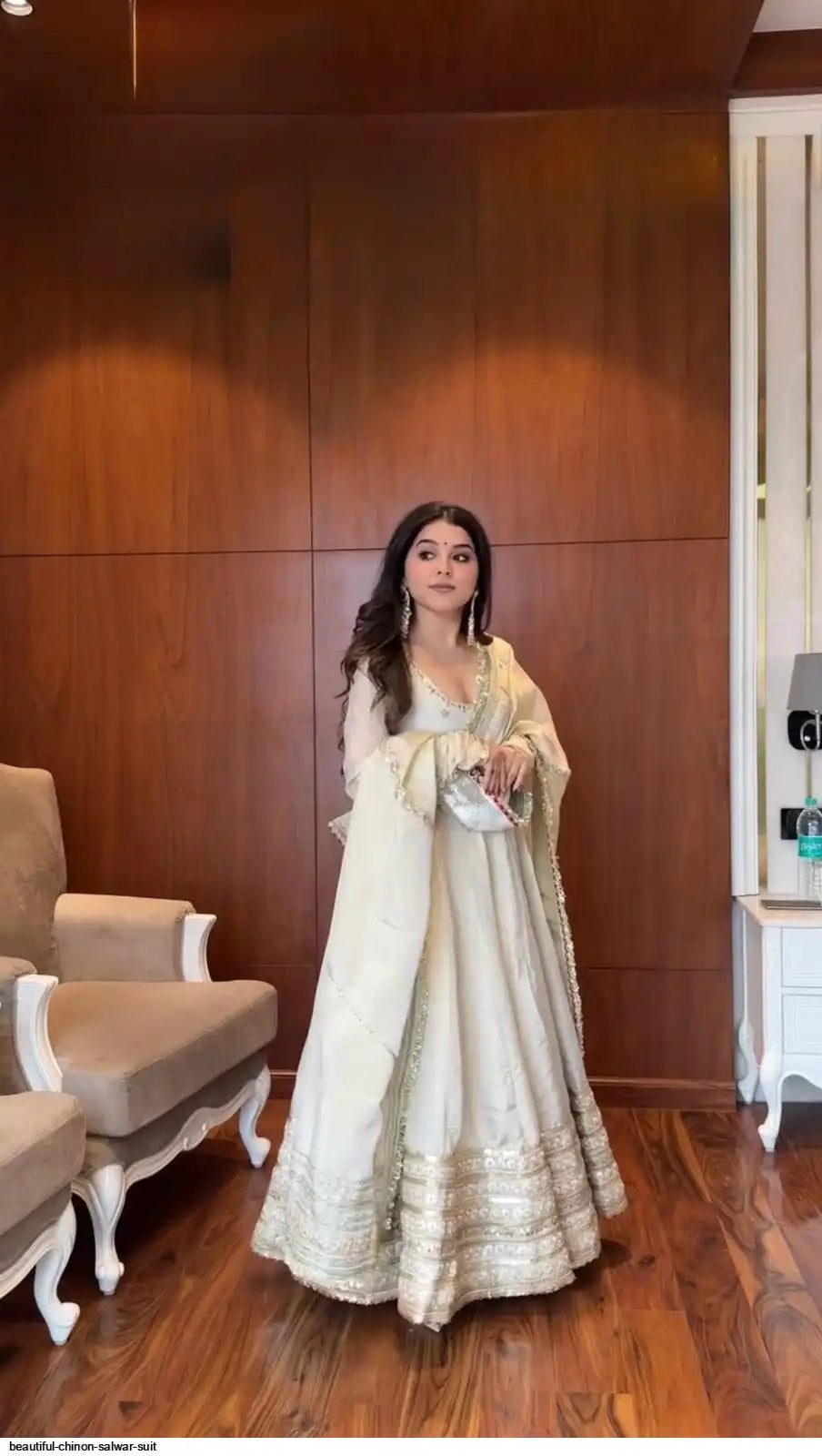 Neha's Premium Off-white Chinon Anarkali Suit Set