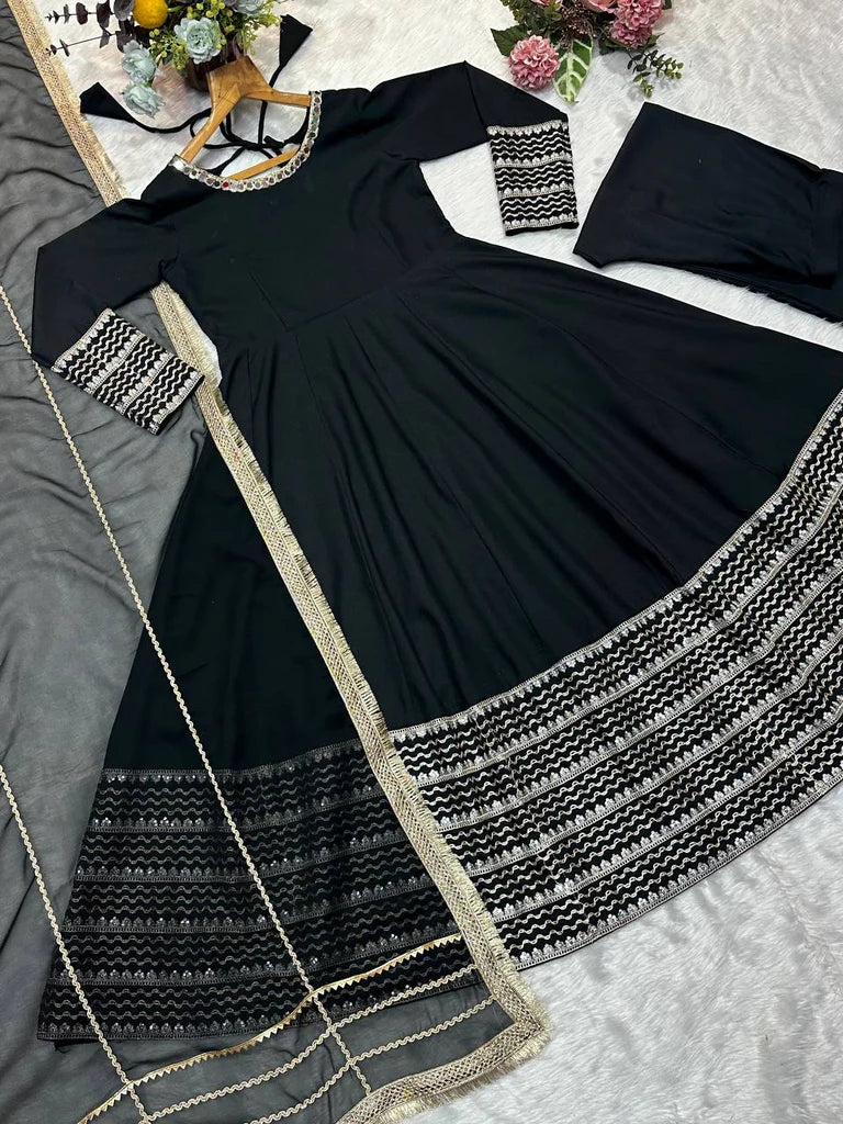 Black Rayon Embroidered Kali Cut Gown Set