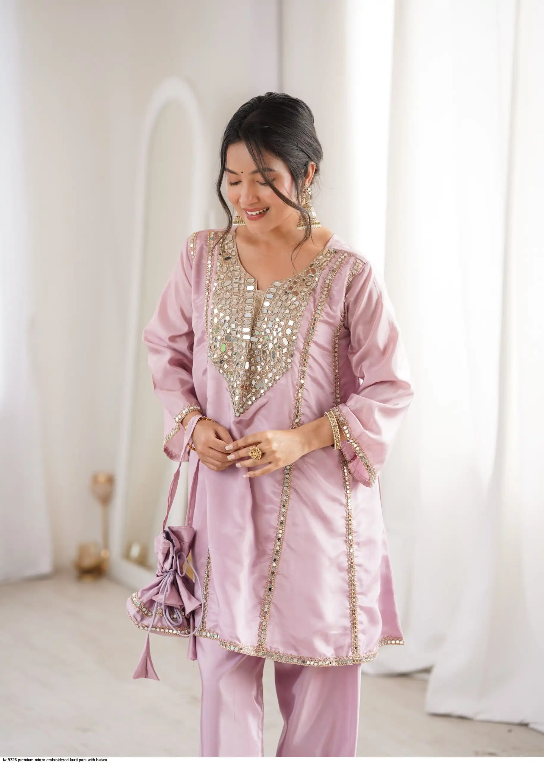 Chic Pink Silk Embroidered Mirror Work Kurta Straight Pant Set Festive Wear