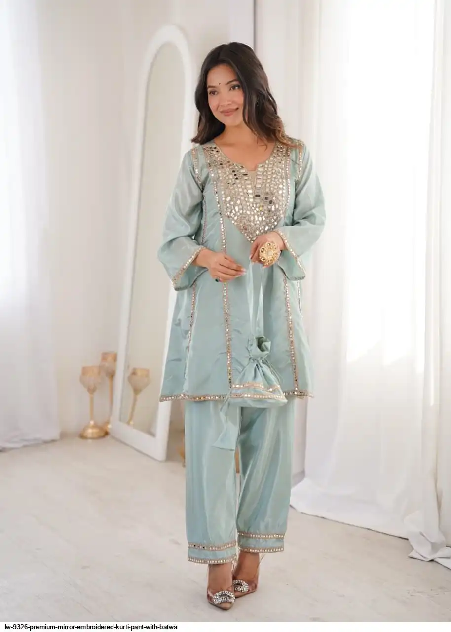 Radiant Sky Blue Silk Embroidered Mirror Work Kurta Straight Pant Set Festive Wear