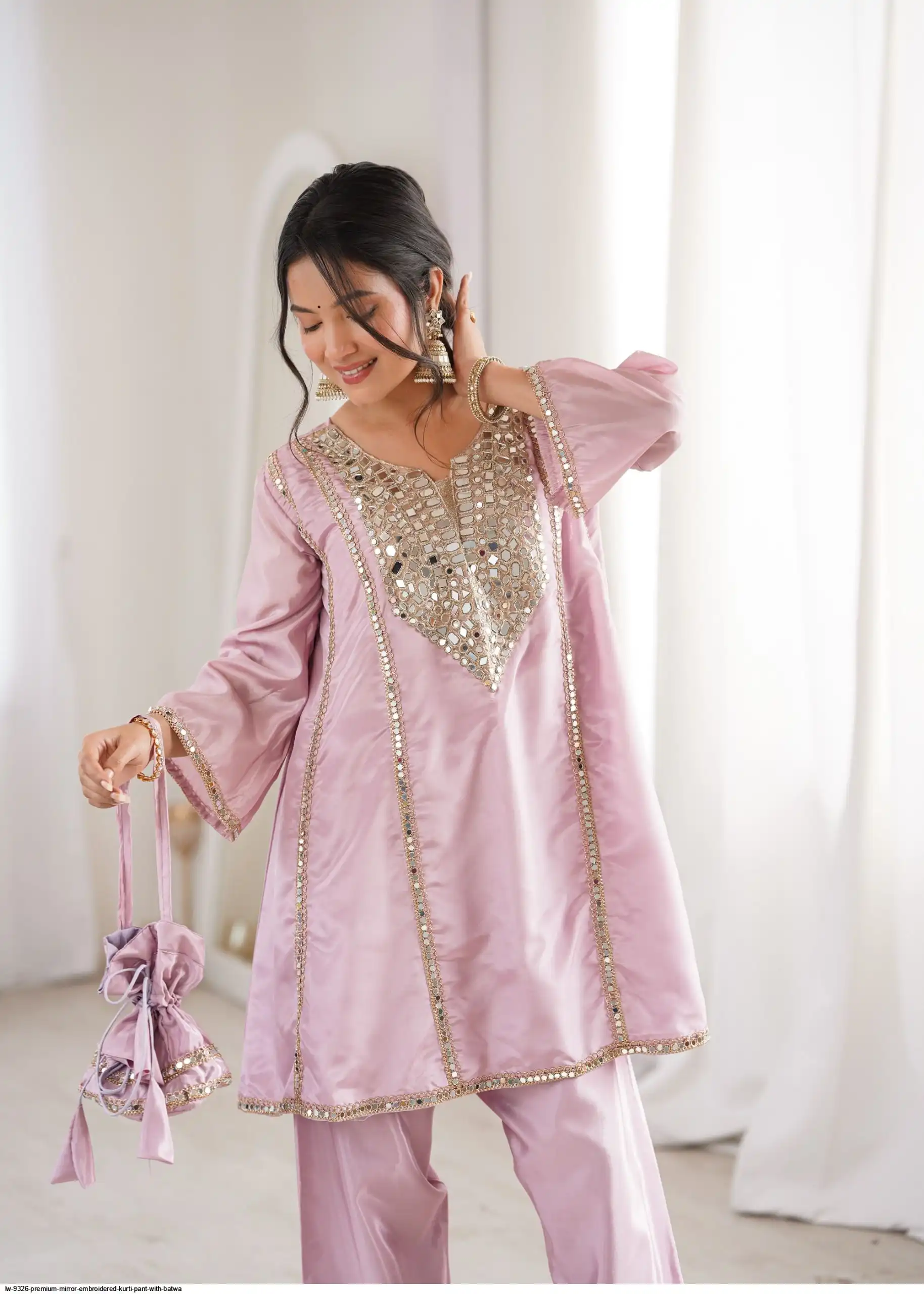 Chic Pink Silk Embroidered Mirror Work Kurta Straight Pant Set Festive Wear