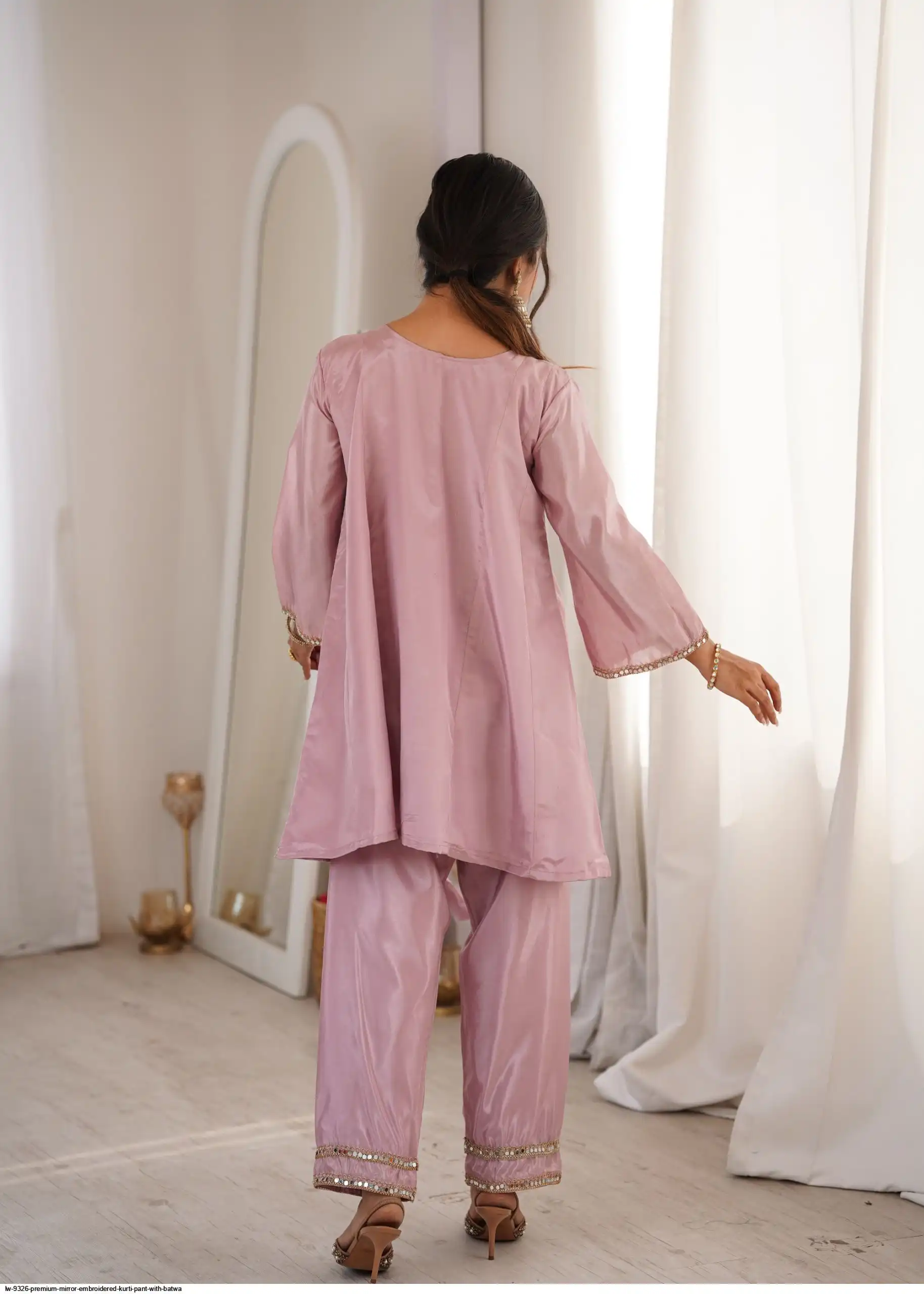 Chic Pink Silk Embroidered Mirror Work Kurta Straight Pant Set Festive Wear