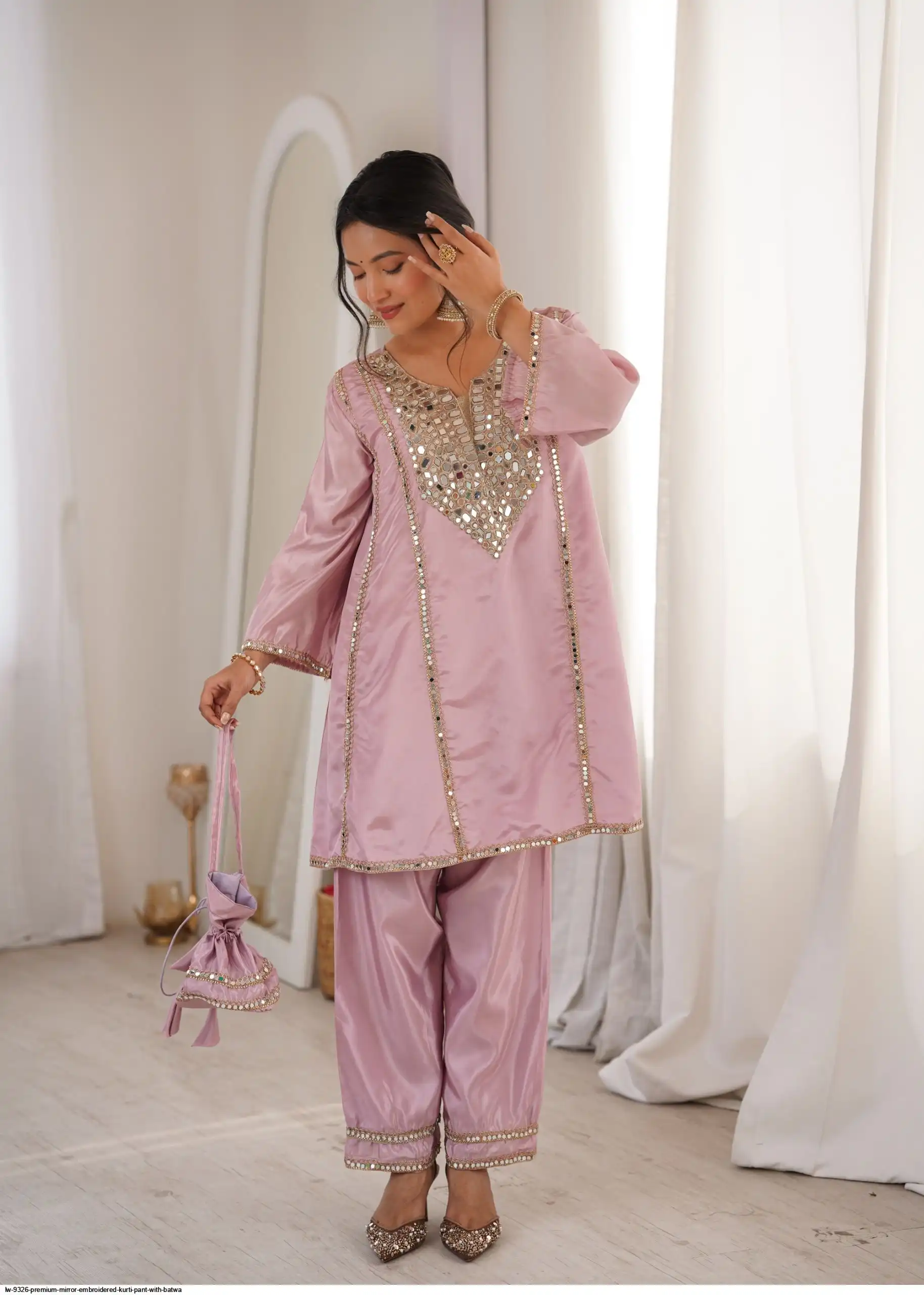 Chic Pink Silk Embroidered Mirror Work Kurta Straight Pant Set Festive Wear