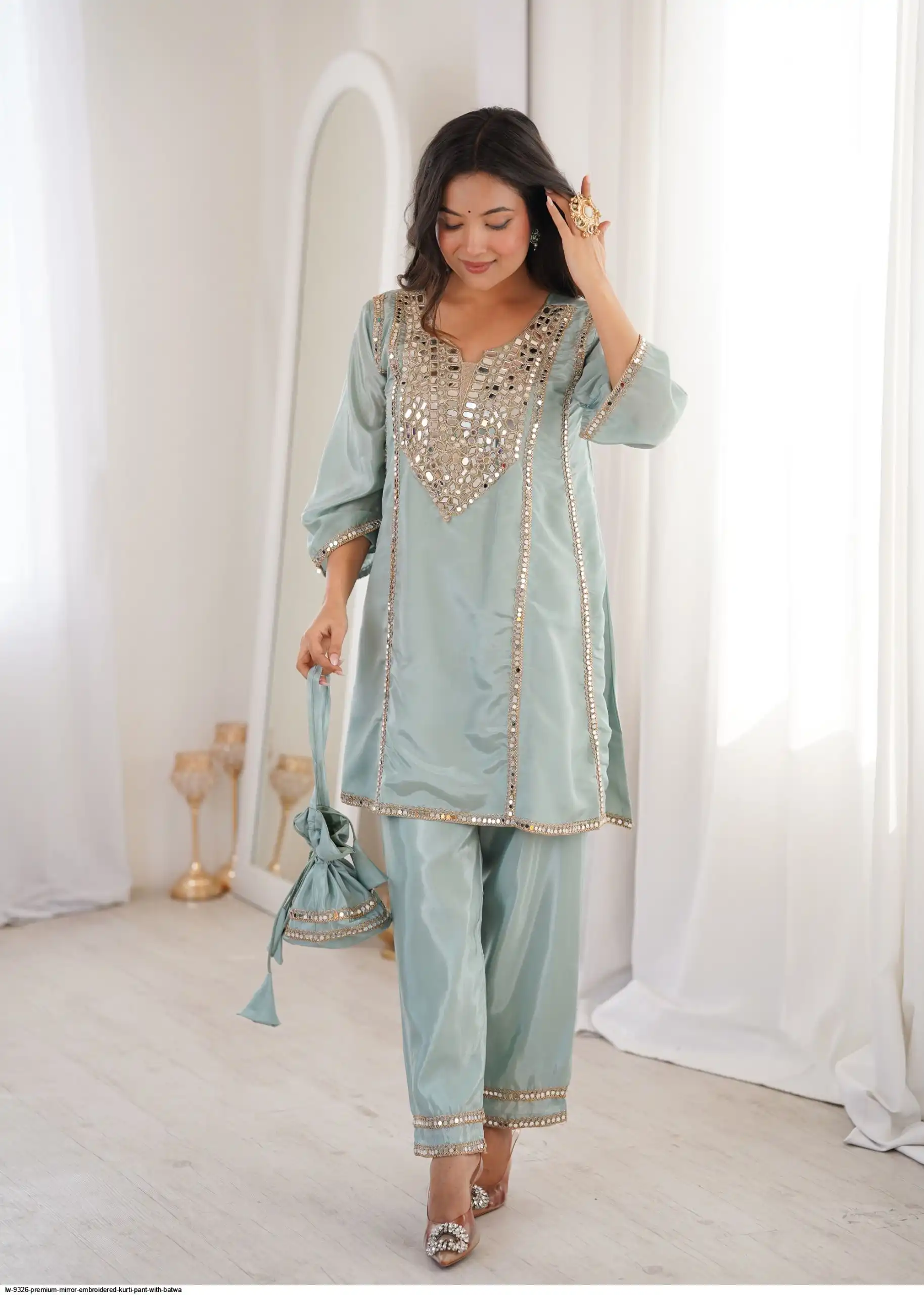 Radiant Sky Blue Silk Embroidered Mirror Work Kurta Straight Pant Set Festive Wear