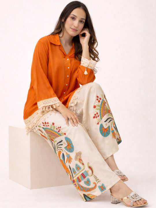 Rutaba Pure Rayon Orange Co-ord Set with Digital Print Plazo