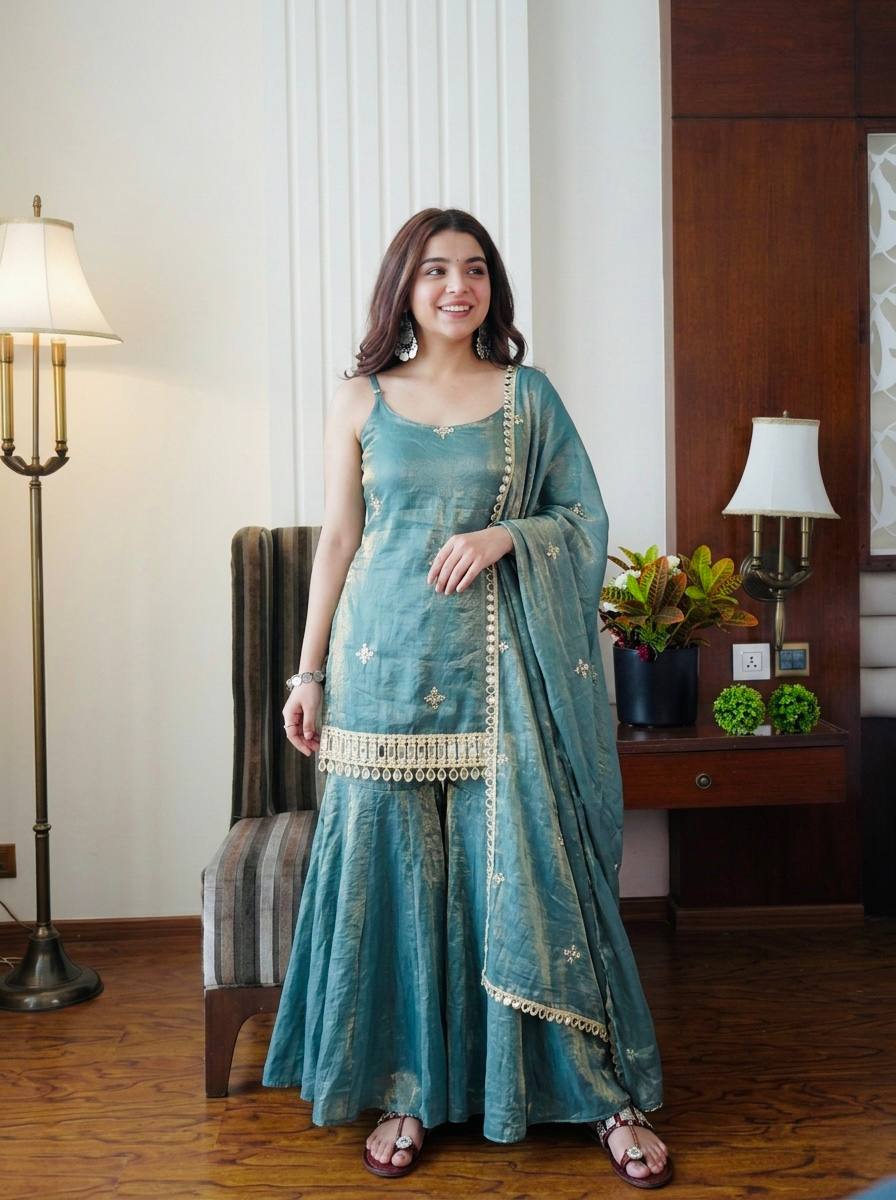 Women’s Mirror Embroidered Kurta Palazzo Set with Dupatta – Elegant Party Wear