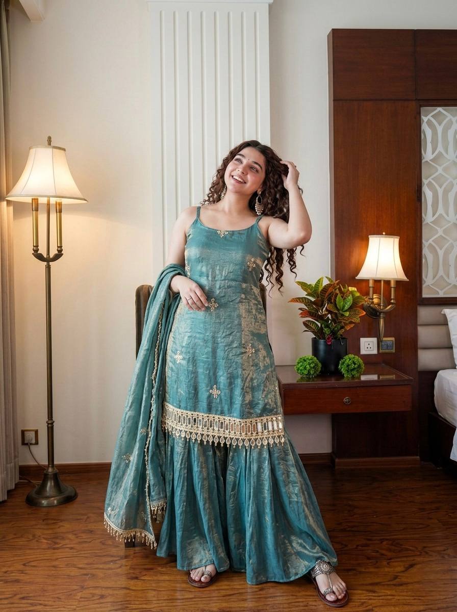 Women’s Mirror Embroidered Kurta Palazzo Set with Dupatta – Elegant Party Wear